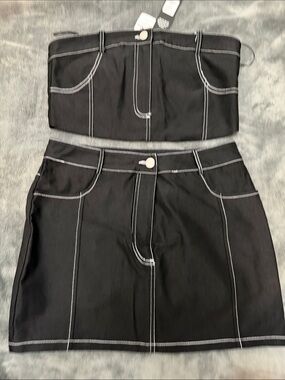 Fashion Nova Black Skirt with Matching Top White Stitching
